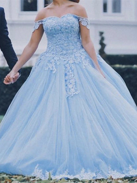 Off Shoulder Sky Blue Lace Prom Dresses, Quinceanera Dresses, 2021 Prom Dresses, Cheap Prom Dresses