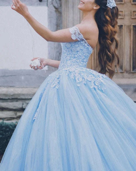 Off Shoulder Sky Blue Lace Prom Dresses, Quinceanera Dresses, 2021 Prom Dresses, Cheap Prom Dresses