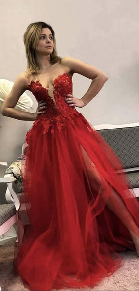 Red Color Floral Lace Prom Dresses, Newest Strapless Evening Dresses, Girls Party Prom Dresses