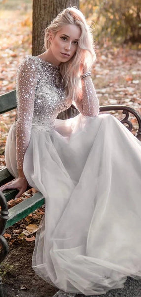 Round Neck Long Sleeves Grey Sequins Long Prom Dress, Newest 2021 Long Evening Dresses