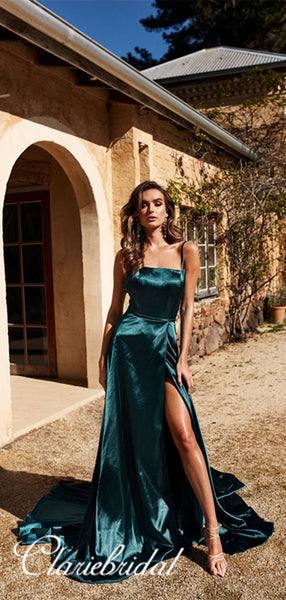 Simple A-line Slit Prom Dresses, Strap Cheap Prom Dresses, Popular Prom Dresses