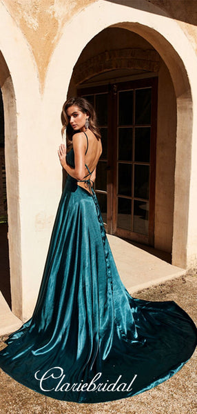 Simple A-line Slit Prom Dresses, Strap Cheap Prom Dresses, Popular Prom Dresses