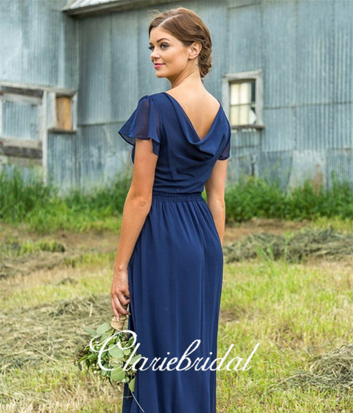 Short Sleeves Fluffy Chiffon A-line Bridesmaid Dresses