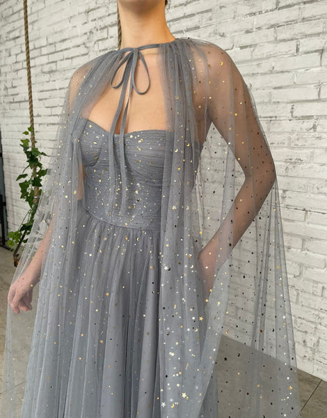 Grey Little Star A-line Prom Dresses With Cloak, Popular Prom Dresses, Cheap Prom Dresses, 2022 Prom Dresses