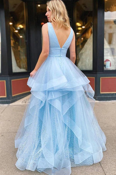 V-neck Baby Blue Shiny Prom Dresses, A-line Prom Dresses, Popular 2022 Prom Dresses, Newest Affordable Prom Dresses