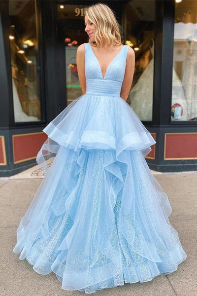 V-neck Baby Blue Shiny Prom Dresses, A-line Prom Dresses, Popular 2022 Prom Dresses, Newest Affordable Prom Dresses
