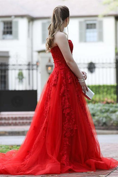 Red Color Lace Newest Prom Dresses, Floral Elegant Tulle Prom Dresses, Popular Long Prom Dresses
