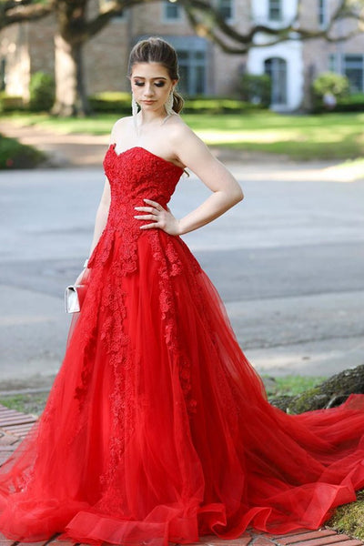 Red Color Lace Newest Prom Dresses, Floral Elegant Tulle Prom Dresses, Popular Long Prom Dresses