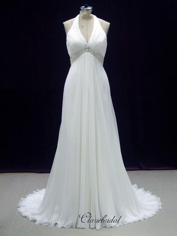 Beaded Halter Design Chiffon Wedding Dresses, Luxury Rhinestones Wedding Dresses