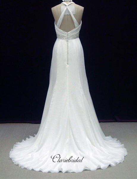 Beaded Halter Design Chiffon Wedding Dresses, Luxury Rhinestones Wedding Dresses