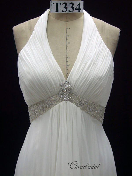 Beaded Halter Design Chiffon Wedding Dresses, Luxury Rhinestones Wedding Dresses