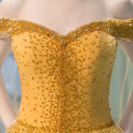 Off Shoulder A-line Yellow Prom Dresses, Beaded Prom Dresses, Affordable Prom Dresses