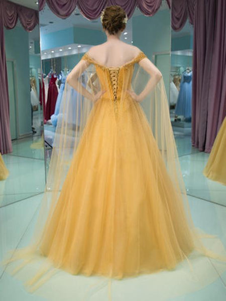 Off Shoulder A-line Yellow Prom Dresses, Beaded Prom Dresses, Affordable Prom Dresses
