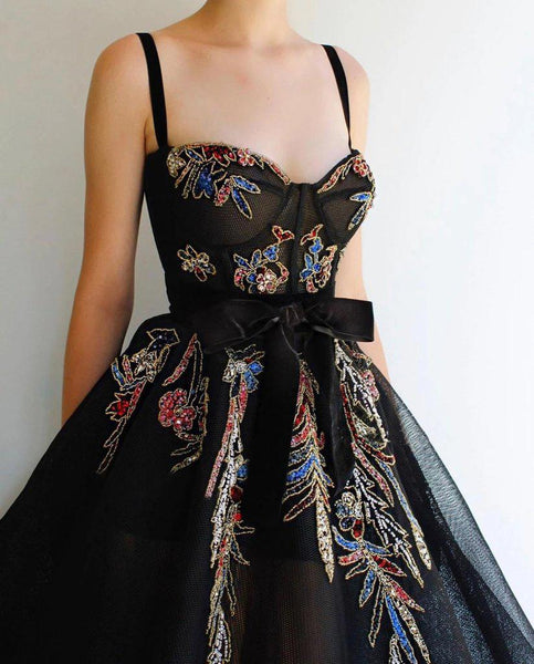 Straps Long A-line Black Tulle Appliques Prom Dresses, Newest Prom Dresses, 2021 Prom Dresses