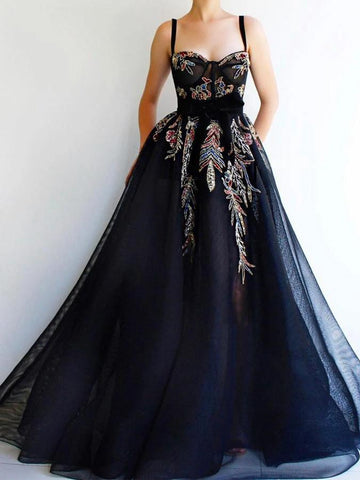 Straps Long A-line Black Tulle Appliques Prom Dresses, Newest Prom Dresses, 2021 Prom Dresses