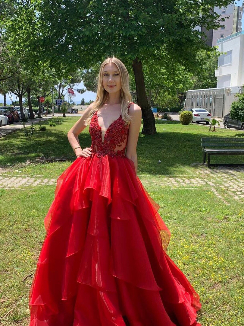 Deep V-neck Red Organza Lace Prom Dresses, New Arrival Prom Dresses, Long Prom Dresses