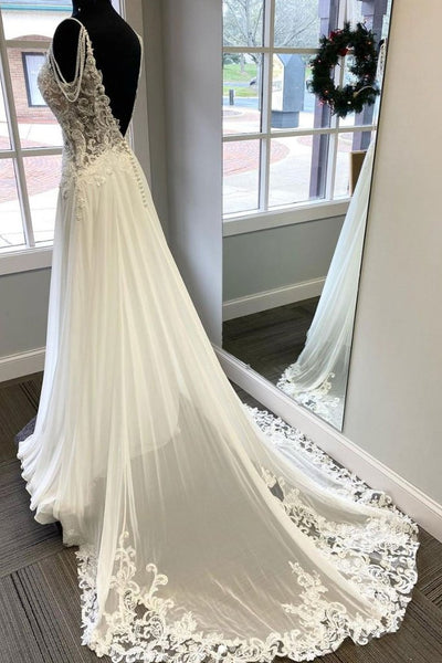 V Back White Formal Lace Long Prom Dress, A-line Popular Wedding Dresses, 2021 Prom Dresses