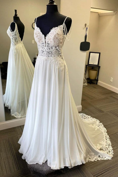 V Back White Formal Lace Long Prom Dress, A-line Popular Wedding Dresses, 2021 Prom Dresses