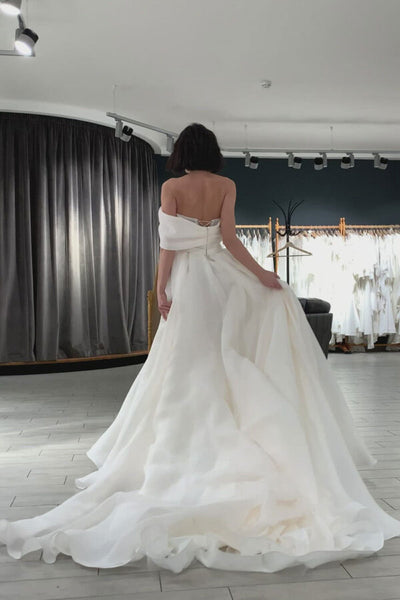 One Shoulder A-line Ivory Organza Prom Dresses, Simple Wedding Dresses, Side Slit Prom Dresses, Long Prom Dresses