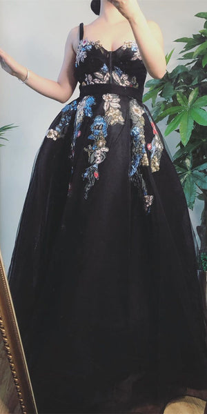 Straps Long Prom Dresses, Black Prom Dresses, A-line Prom Dresses, Lace Prom Dresses, 2021 Prom Dresses