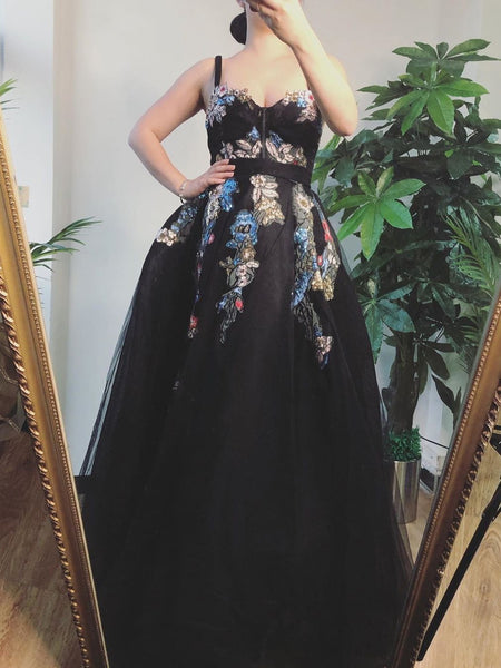 Straps Long Prom Dresses, Black Prom Dresses, A-line Prom Dresses, Lace Prom Dresses, 2021 Prom Dresses