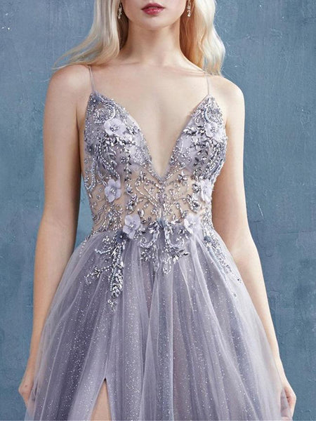 V-neck Shemmering Prom Dresses, A-line Prom Dresses, Cheap Prom Dresses, 2021 Prom Dresses,Side Slit Prom Dresses