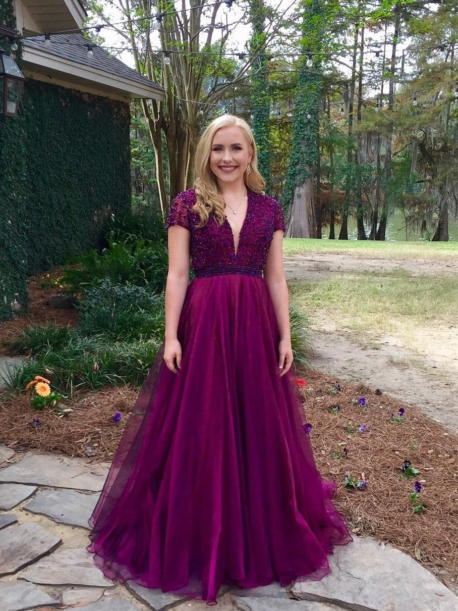 Short Sleeves Prom Dresses, Beaded Prom Dresses, A-line Prom Dresses, Purple Prom Dresses, 2021 Prom Dresses