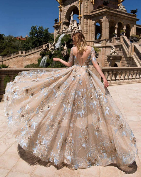 Half Sleeves Lace Prom Dresses, A-line Prom Dresses, 2021 Prom Dresses, Cheap Prom Dresses