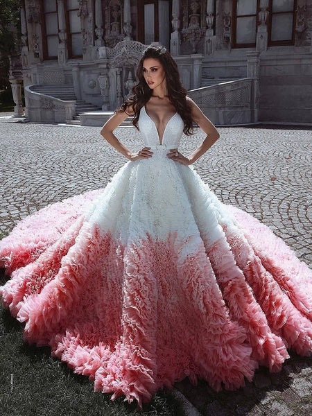 Deep V-neck Long A-line Layers Tulle Wedding Gown, Luxury Bridal Gown, Special Wedding Gown