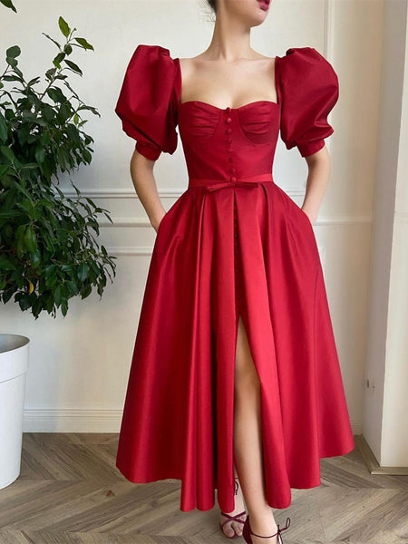 Buuble Sleeve Red Satin Prom Dresses, Front Slit Prom Dresses, Elegant Long Prom Dresses, 2022 Affordable Prom Dresses