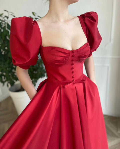 Buuble Sleeve Red Satin Prom Dresses, Front Slit Prom Dresses, Elegant Long Prom Dresses, 2022 Affordable Prom Dresses