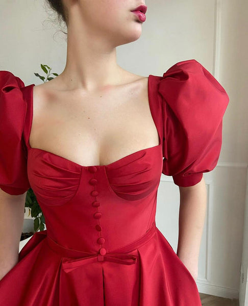 Buuble Sleeve Red Satin Prom Dresses, Front Slit Prom Dresses, Elegant Long Prom Dresses, 2022 Affordable Prom Dresses