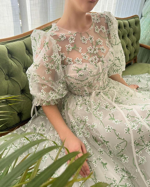 Illusion Puff Sleeves Mint Prom Dresses, Tea Length Prom Dresses, 2022 Prom Dresses, Newest Prom Dresses, Affordable Prom Dresses