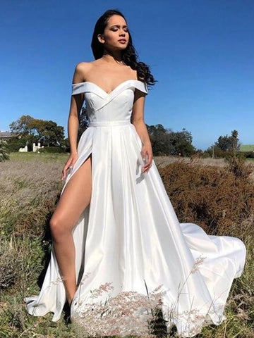 Off Shoulder Ivory Satin Prom Dresses, Long Simple Prom Dresses, 2020 Prom Dresses