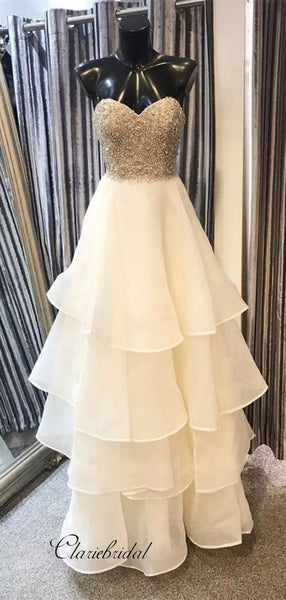 Strapless Elegant Long Prom Dresses, Beaded Fluffy 2020 Newest Prom Dresses