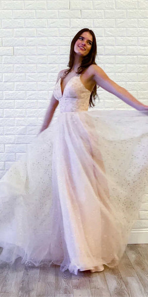 Spaghetti Long A-line Star Sequin Tulle Prom Dresses, Shiny Prom Evening Dresses