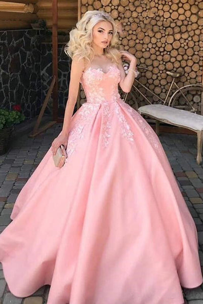 Sweet Heart Lace A Line Long Prom Dresses, Pink Color Prom Dresses, 2021 Evening Dresses