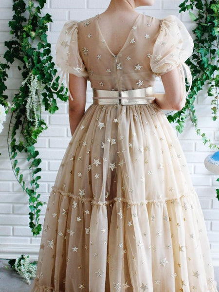 V-neck Champagne Star Tulle Prom Dresses, A-line Prom Dresses, Princess Dresses, 2023 Prom Dresses, Affordable Prom Dresses