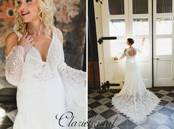 Boho Mermaid Lace Wedding Dresses, Long Wedding Dresses