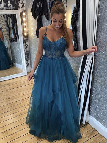 Spaghetti Long A-line Lace Tulle Prom Dresses, Long Prom Dresses, Popular Prom Dresses