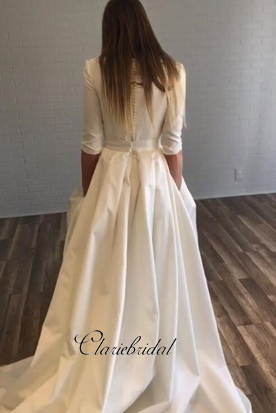 Half Sleeves Wedding Dresses with Pockets, Simple Design Satin Wedding Dresses