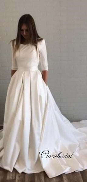 Half Sleeves Wedding Dresses with Pockets, Simple Design Satin Wedding Dresses