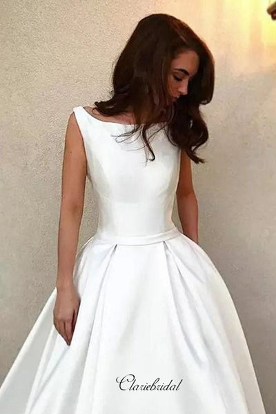 White Satin Bridal Gowns, Simple A-line Wedding Dresses, Sleeveless Wedding Dresses