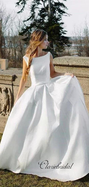 White Satin Bridal Gowns, Simple A-line Wedding Dresses, Sleeveless Wedding Dresses