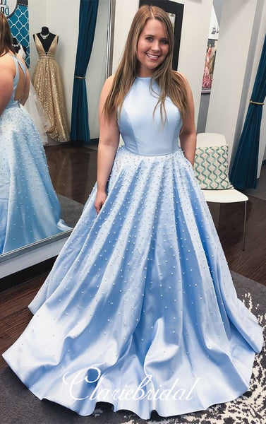 Halter Long A-line Beaded Prom Dresses With Pearls