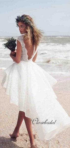 Short Lace Wedding Dress， High Low Wedding Dresses, Beach Wedding Dresses