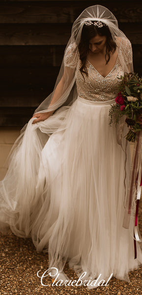 Cap Sleeves A-line Beaded Tulle Gorgeous Long Wedding Dresses