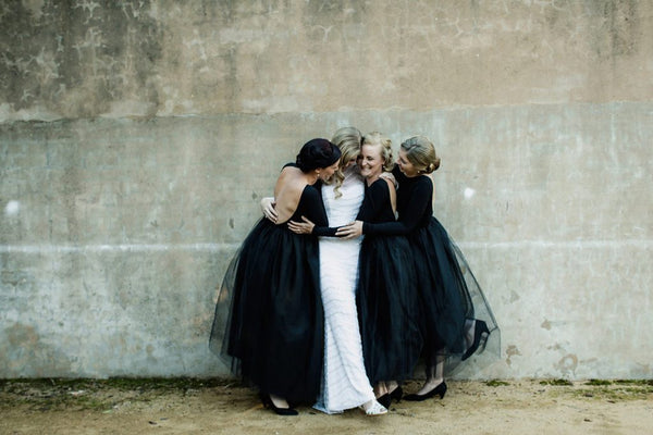 Long Sleeves Black Jersey Top Tulle Skirt Bridesmaid Dresses