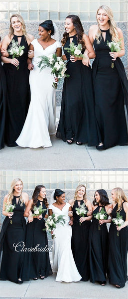 Long A-line Black Chiffon Bridesmaid Dresses With Key Hole