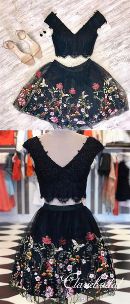 2 Pieces V-neck Black Lace Floral Tulle Homecoming Dresses